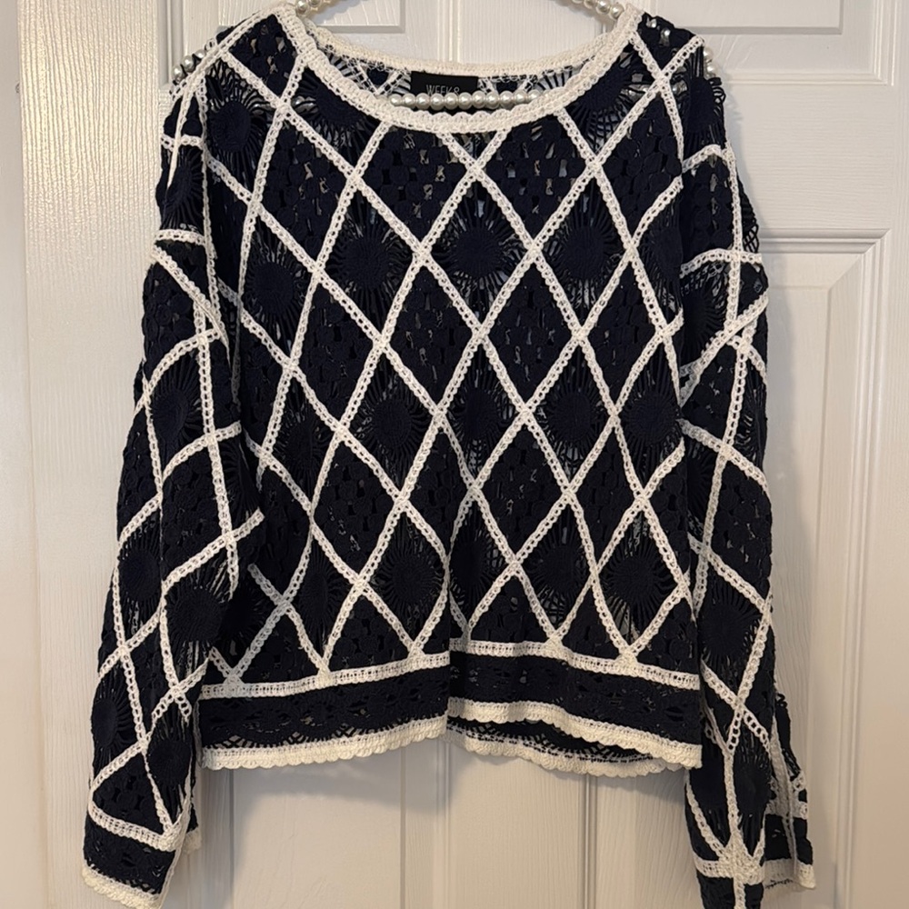 Navy and White Women's crochet top